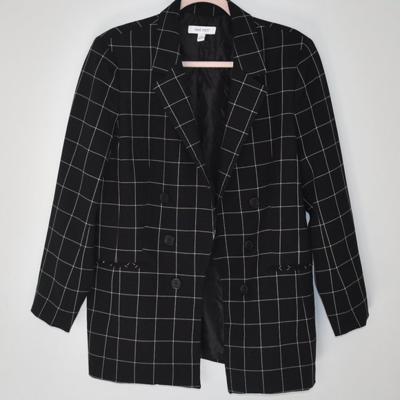 NINE WEST BLK/WHT Windowpane Checkered Double Breasted Front Open Blazer SZ L